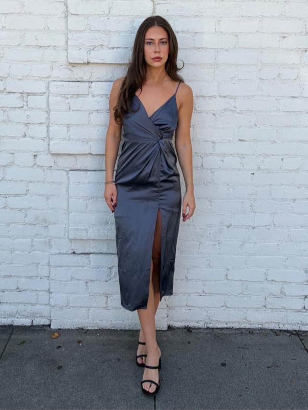 ASTR The Label gray satin midi dress with a side slit sz XS #satin #party #sexy